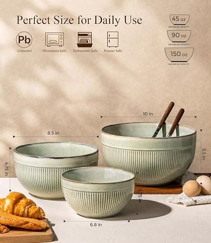 GBhome Ceramic Mixing Bowls Set of 3, Stoneware Nesting Serving Bowls, | 45/90/150 oz For Prep, Baking, Serving, Gift, Microwave and Dishwasher Safe, Ribbed Dishware Collection,Desert Sage thumbnail 2