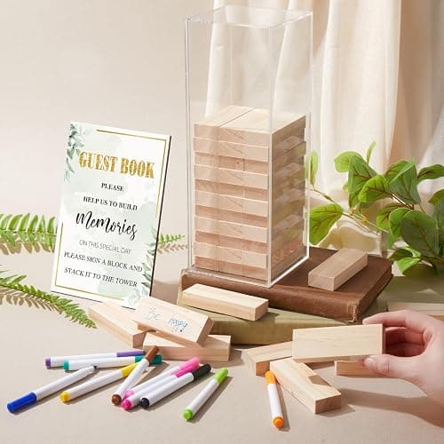 Beeveer 80 Pcs Wedding Guest Book Alternative Wooden Block Guest Book for Wedding Sign in Bridal Shower Decoration 54 Pcs Wooden Block Bridal Shower Game for Sign in, Reception(Greenery) thumbnail 2