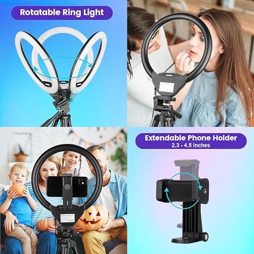 Sensyne 10'' RGB Ring Light with 50'' Extendable Tripod Stand, Circle Lights with Phone Holder for Live Stream/Makeup/YouTube Video/TikTok, Compatible with All Phones thumbnail 3