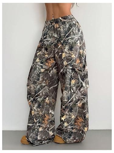 Verdusa Women's Camo Cargo Baggy Pants Y2K Streetwear Drawstring Wide Leg Trousers Flare Sweatpants thumbnail 4