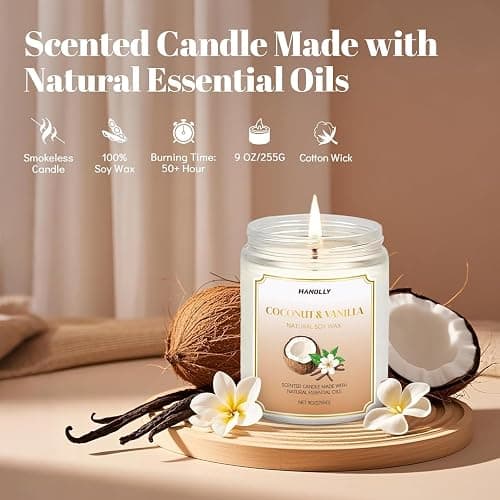 HANOLLY Candele Profumate Cocco & Vaniglia, Candela di Soia Naturali Aromaterapia Rilassante, Candela Profumata Lunga Durata per Yoga e Bagno, Regalo Donna Compleanno Perfetto, Fino a 50 Ore, 255g thumbnail 3
