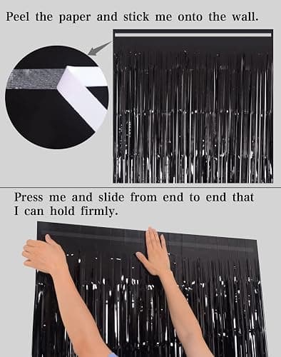 Black Tinsel Fringe Backdrop Curtains for Parties, Melsan 3.2 x 8 ft Black Streamer Photo Backdrop for Birthday, Graduations, New Year Eve Party Decor - Pack of 2 thumbnail 6