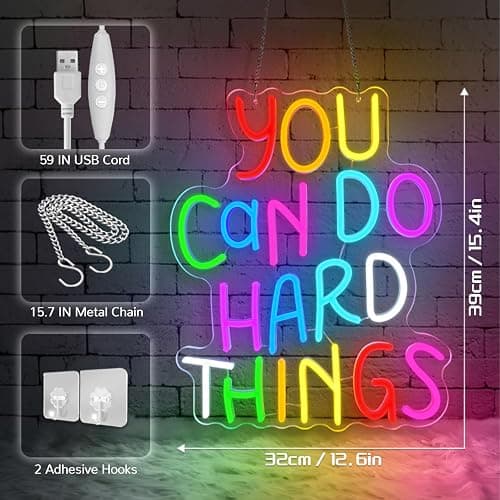 Sneignon You Can Do Hard Things Neon Sign for Classroom,USB Powered Dimmable Neon Light,Motivational Wall Decor for Study,Dorm Room,Office,Inspirational Back to School Sign thumbnail 3