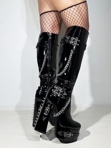 Frankie Hsu Goth Sexy Chunky Platform Knee High Heeled Boots, Black Patent Silver Chain Rivets Gothic, Punk Y2K Hot Girl Big Large Size Wide Calf Long Shoes For Women Men thumbnail 5