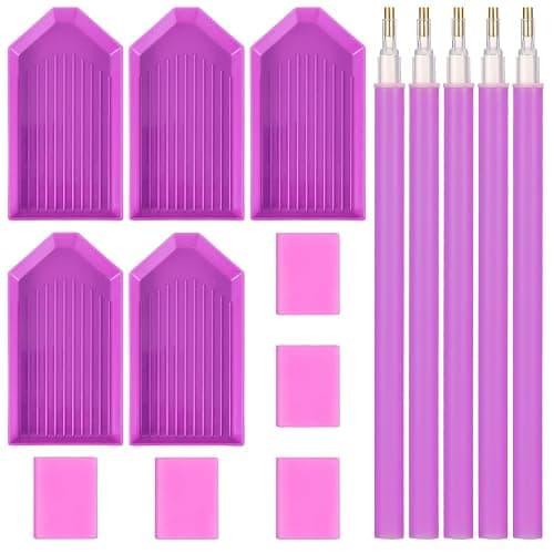 Ymapinc 15Pcs Diamond Art Pens Tools with 5 Drill Pen, 5 Tray, Glue Clay, Diamond Dot Pen, Rhinestone Picker Painting Tool Kit Accessories for Kids Adults DIY Crafts, Purple - Image 1
