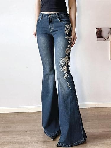 Women Bell Bottom Jeans Stretchy Flare Mid Rise Embroidery Vintage Denim Pants 90s Outfits Y2k Clothes thumbnail 2