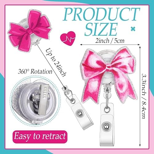 XunYee 8 Pack Pink Bow Nurse Badge Reels Xmas Retractable ID Name Nursing Medical Reels Badge Holder Christmas Stocking Gift for Nursing Student, ID Card Office Nurses Student, Teacher, Medical Worker thumbnail 3
