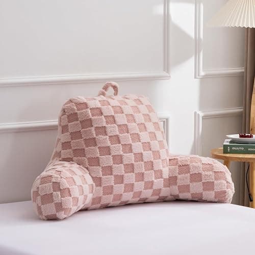 A Nice Night Faux Fur Reading Pillow,Checkered Fluffy Grid Plaid,Bed Wedge Pillow Large Adult Children Backrest with Arms for Bedrest,Pink thumbnail 2