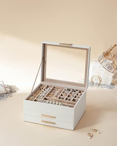 SONGMICS Jewelry Box Organizer, 3-Layer Storage with 2 Drawers, Glass Lid | Jewelry Organizer for Earrings, Modern Style, 8 x 9.1 x 5.3 Inches, Cloud White and Gold, GISELLA Collection UJBC239WT thumbnail 8