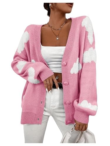 SOLY HUX Women's Button Down V Neck Long Sleeve Cloud Open Front Knit Cardigan Sweater - Image 1