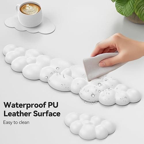 TECKNET Cloud Keyboard Wrist Rest Set, Cloud Wrist Rest with Non-Slip Base, PU Leather Wrist Pad for Keyboard with Ergonomic Memory Foam for Computer Laptop Office Gaming and Pain Relief, White thumbnail 6