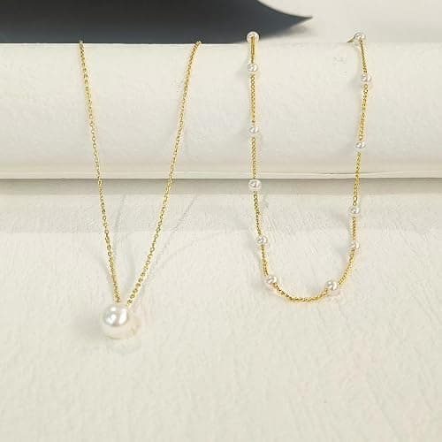 Partm Pearl Necklace for Women Trendy 14K Gold Plated Dainty Pearl Pendant Choker Set Handmade Pearl Gold Necklace Non Tarnish Simple Cute Jewelry Gifts for Women thumbnail 4