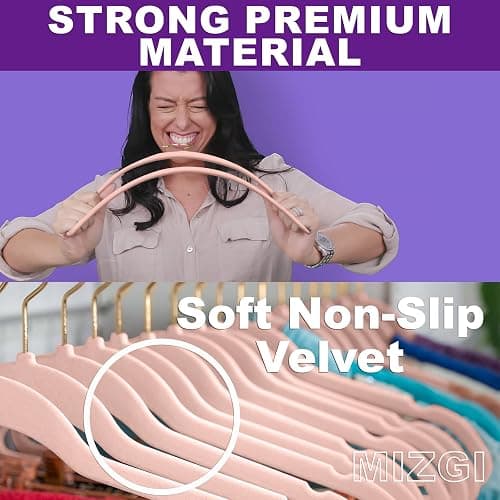 MIZGI Premium Velvet Hangers Pack 60 Pcs Heavyduty - Non Slip Slimline - Velvet Suit Hangers Blush Pink - Gold Hooks,Space Saving Clothes Hangers thumbnail 3