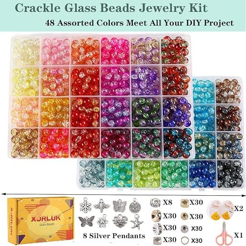 XJRLUK Glass Beads Bracelet Making Kit,1350PCS 48 Colors 8mm Crackle Glass Beads for Jewelry Making, Crystal Glass Round Beads Friendship Bracelet kit for DIY Crafts Gifts thumbnail 2