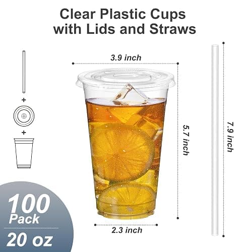 Dealusy 100 Pack - 20 oz Clear Plastic Cups with Lids and Straws, Sturdy & Food Safe Iced Coffee Cups with lids, Disposable Plastic Smoothie Cups for Cold Drinks thumbnail 3