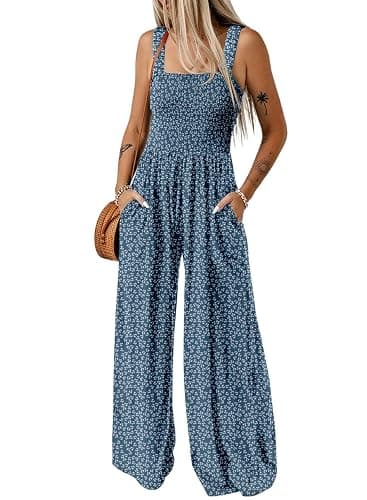 Dokotoo Women's Casual Loose Overalls Jumpsuits One Piece Sleeveless Printed Wide Leg Long Pant Rompers With Pockets - Image 1
