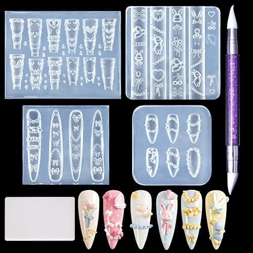 Laza 4pcs Cream Chain Silicone Nail Art Molds Multiple Rabbit Nail Molds | Reusable Nail Molds for Nail Art,Good Elasticity,3D Nail Mold, Embossed Cream Chain Bowknot Rabbit Molds with Scraper & Pen - Image 1