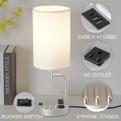Dreamholder Table Lamp with 3 USB Charging Ports, Modern Desk Lamp with AC Outlet and Phone Stands, Perfect Bedside Lamp for Bedroom, Living Room, Office (Pack of 2), Silver - Silver thumbnail 2