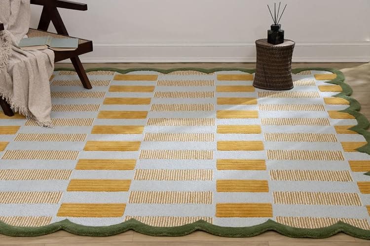 Hand-Tufted Wool Rug with Scalloped Edges, Light Blue Plaid Pattern, Cozy Soft Area Rug for Living Room, Bedroom, and Nursery, Handmade Modern Accent Rug, 5x8 Ft thumbnail 2