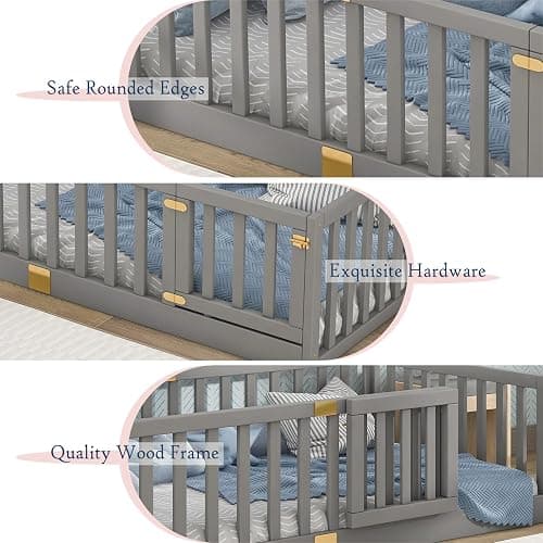 Tatub Twin Montessori Floor Bed with High Rails, Solid Wood Montessori Bed Frame for Kids, Door Can Install Left and Right, Twin-Grey thumbnail 7