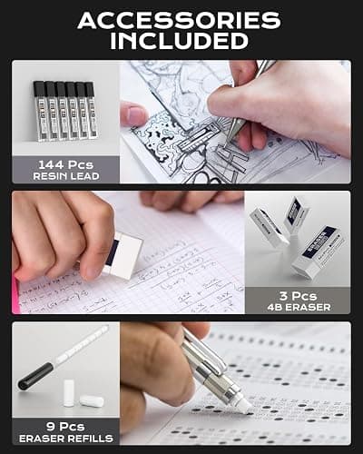 Nicpro 4 Pack Mechanical Pencil 0.5 mm with Case, MB1000 Metal Mechanical Pencil Set with 6 Tube HB #2 Lead Refill 0.5mm, 3PCS 4B Eraser, 9 Cap Eraser for Artist Drafting Writing, Sketching, Drawing thumbnail 6