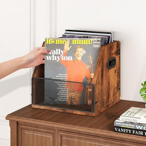 Homeiju Vinyl Record Storage, Record Box Case Crate, Vinyl Record Album Holder, Metal & Wooden LP Record Crate, Holds up to 60 Records thumbnail 5