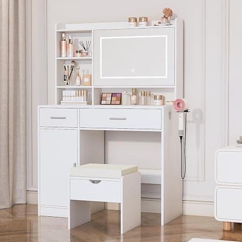 Viaozutis Vanity Desk with Mirror and Lights, with Hidden Shelves,4 Compartments,2 Drawers,Cabinet & Stool,Dimmable LED Lights,Power Outlets, Ideal for Bedroom Vanity Organization(White) thumbnail 4