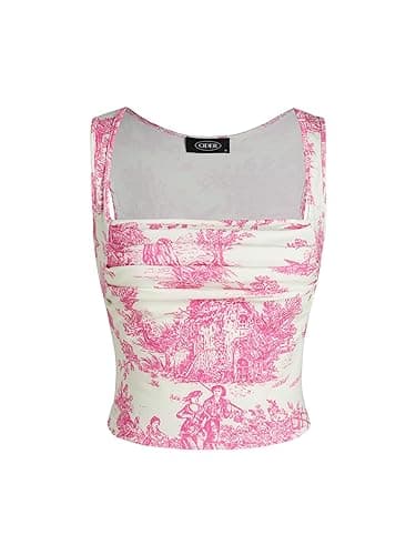 CIDER Women Square Neck Tank Tops Sleeveless Ruched Floral Cute Going Out Summer Trendy Crop Top - Large - Pink