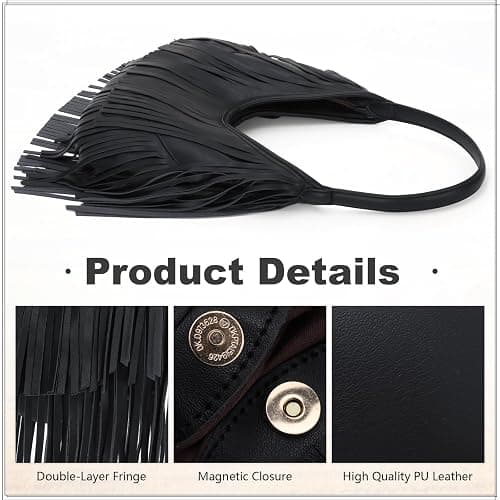 LUI SUI Fringe Hobo Purses for Women Vintage Black Fringe Shoulder Bag Western Tassel Handbags thumbnail 4