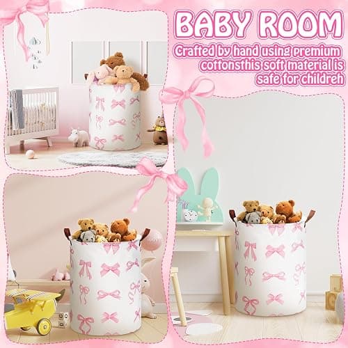 CroBlissful 2 Pcs Coquette Pink Bow Laundry Basket Coquette Storage Basket for Girls Nursery Hamper with Handles Foldable Waterproof Collapsible Storage Bin Organizer for College Dorms Bathroom (Bows) thumbnail 7