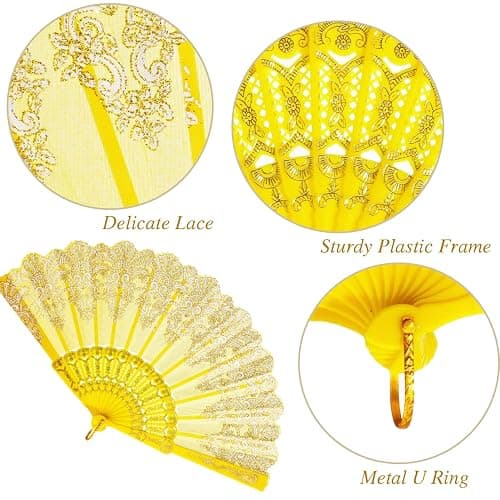 QIRMIZI 10 Pack Folding Handheld Fans,Silk Spanish Fan, Perfect for Weddings, Parties, and Dancing,Yellow thumbnail 4
