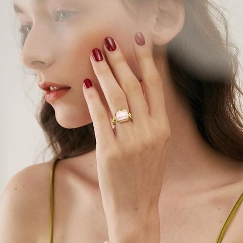 Phyonio Women's 14K Gold Plated Statement Rings Emerald Cut Teal Turquoise/Rose Quartz Crystal/Spiny Oyster Turquoise Signet Ring Stainless Steel Chunky Gold Rings Size 5-10 thumbnail 4