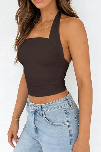 ForeFair Womens Backless Halter Tops Going Out Double Lined Crop Tank Top Open Back Sleeveless Slim Fit Y2k Summer Tops thumbnail 2