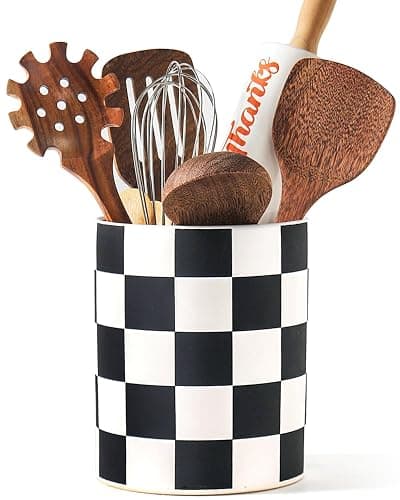 Swkien Utensil Holder,7.2 Inch Checkered Utensil Holder, Ceramic Cooking Utensil Spoon/Spatula Holder for Countertop, Kitchen Decor and Accessories for counte(Black) - Image 1