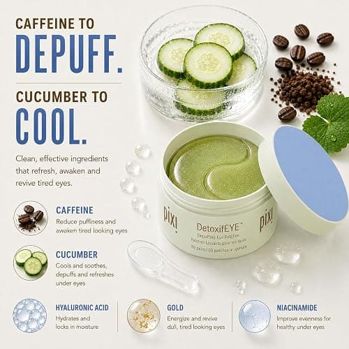Pixi DetoxifEYE Depuffing Hydrogel Under-Eye Patches, Cucumber, Hyaluronic Acid & Caffeine For Puffy Eyes and Dark Circles, Hydrate Eye Area, 30 pairs, 60 Patches thumbnail 5