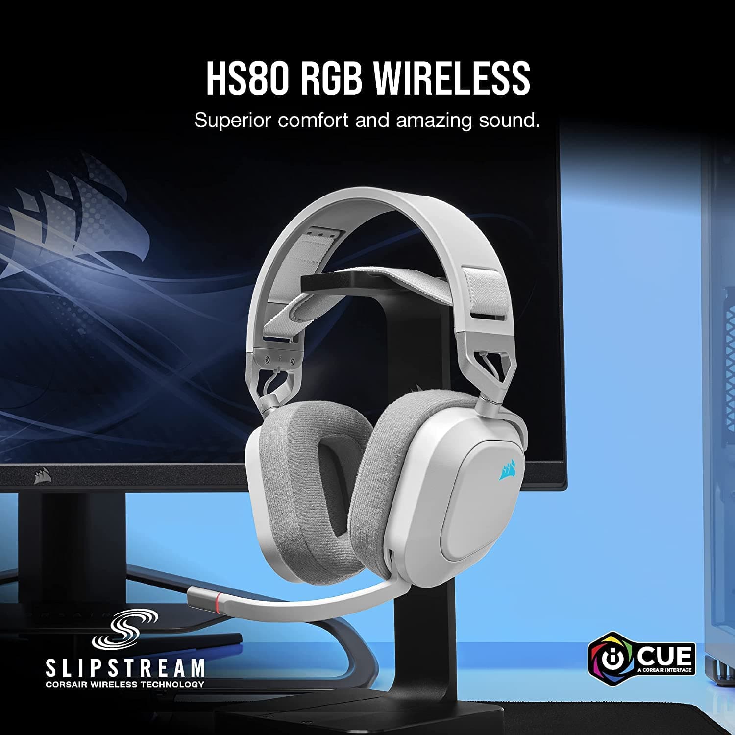 CORSAIR HS80 RGB Wireless Multiplatform Gaming Headset - Dolby Atmos - Lightweight Comfort Design - Broadcast Quality Microphone - iCUE Compatible - PC, Mac, PS5, PS4 - White thumbnail 2