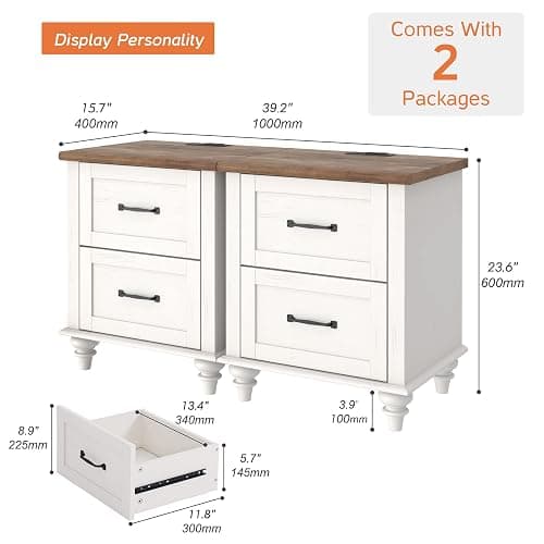 WAMPAT 2 Pack Nightstands with Charging Station, Set of 2 End Table with 2 Power Outlets & 2 USB Ports for Living Room, Antique Side Table with 2 Drawers for Bedroom, Off White thumbnail 2