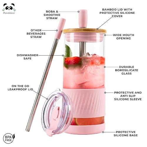 Pandaloo® Glass Cups With Lids and Straws -20 Fl Oz- Perfect Size Iced Coffee Cup - Smoothie Cup With Bamboo Lid and On the go Lid - Glass Tumbler With Straw (1 Count (Pack of 1), Tender Pink) thumbnail 4