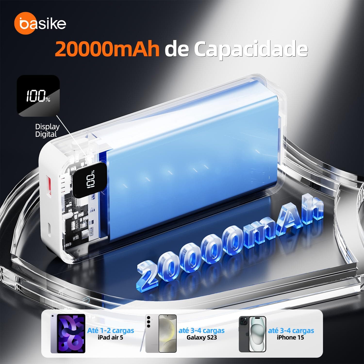 Basike Power Bank, Carregador Portátil Universal 20000mAh, USB-A(até 22.5W)+USB-C(até PD20W), com 2 Cabos Integrados (USB-C, Lightning) Carregamento Rápido, Led Indicador de Bateria (Branco) - Branco thumbnail 2