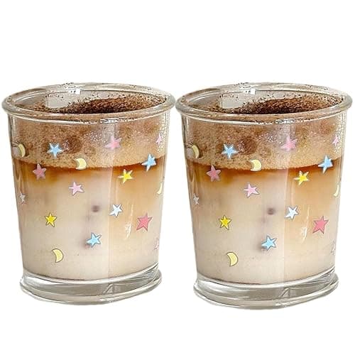yaocoral 2 Pack 12 OZ Cute Glass Cup Star Drinking Glasses for Iced Coffee | Thick Sturdy/Clear Crystal/French style/Fresh Unique Pretty/Juice Tea Milk Latte Colorful Glassware Drinkware/Stackable - Image 1