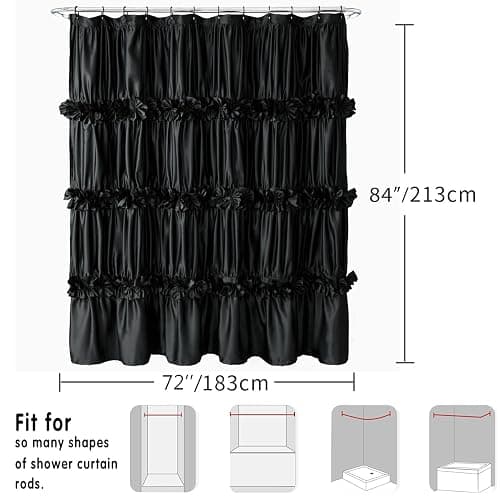 Homechoice Decor Black Ruffle Shower Curtain, Vintage Handcrafted Bow Tie Bath Curtain for Master Bathroom, Ruched Satin Bathroom Curtain with 12 Buttonholes, 72" W x 84" H (LQ-10) - Black - 72"W x 84"L (Pack of 1) thumbnail 2