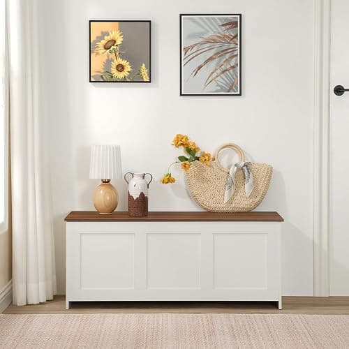 HOOBRO Storage Bench, 39.3" Retro Wooden Storage Chest, Wooden Storage Trunk, Toy Chest with Lift Top, Multifunctional Entryway Organizer, for Entryway, Living Room, White and Walnut WH141CW01 thumbnail 5