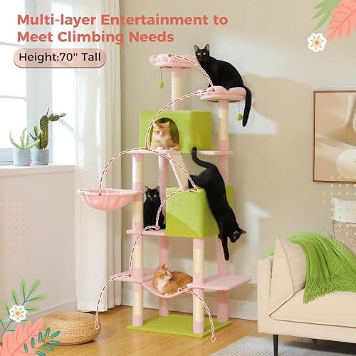 MUTTROS Flower Cat Tree Tall 70.8" for Adult Indoor Cats, 8-Levels Large Cat Tower with 8 Sisal Posts, 2 Hammocks, 2 Condos, Big Perch & 3 Pom Poms for Multi-Cats Household – Carpet Pink thumbnail 3