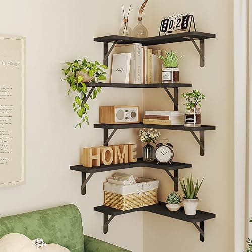 Fixwal Corner Shelves Wall Mounted Set of 5, Floating Shelves for Wall Bathroom, Kitchen, Bedroom, Home Decor, Laundry Room, Living Room (Black) thumbnail 5