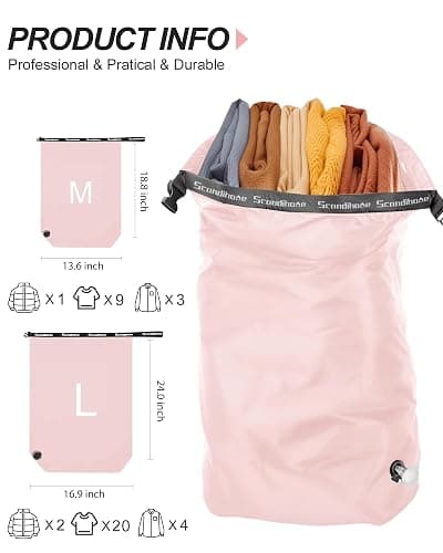 Travel Laundry Bag, Pump Free Vacuum Storage Bag Reusable Compression Dirty Clothes Travel Bag Waterproof Wet Dry Bags Large Capacity Space Saver Bags Camp Clothes Organizer (1 Pcs)(Pink, L) thumbnail 2