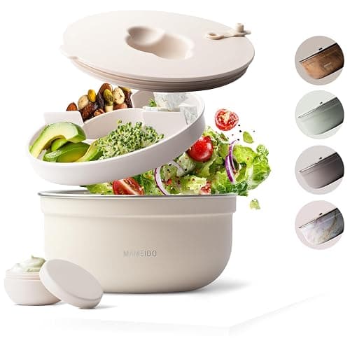 MAMEIDO Salad Container to Go 1.5 L (Ivory Beige) | Stainless steel salad container with dressing pot & silicone seal, BPA-free — ideal for meal prep - Image 1