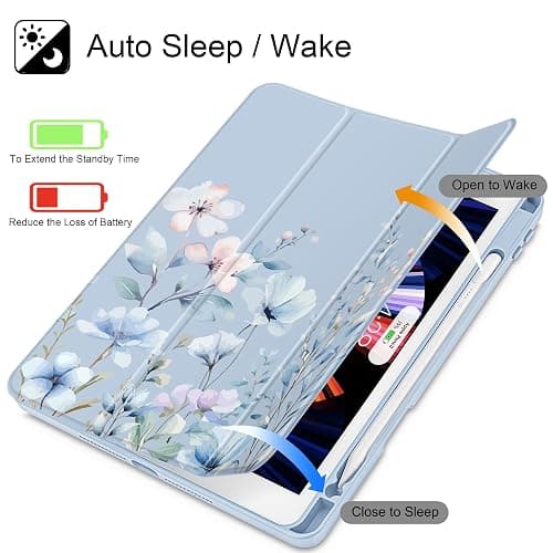 May Chen for iPad 9th Generation with Pencil Holder, iPad 8th/7th Gen Case 10.2-inch, [Penceil Holder] Trifold Stand Auto Wake/Sleep Clear TPU Protection Back Cover, Wild Flowers thumbnail 3