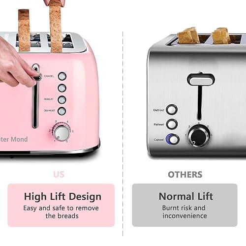 Roter Mond Toaster 4 Slice Retro Stainless Steel with Extra Wide Slots Bagel, Defrost, Reheat Function, Dual Independent Control Panel, Removable Crumb Tray, 6 Browning Levels, Pink thumbnail 9