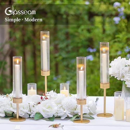 Gold Hurricane Taper Candle Holders: Glasseam 3Pcs Brass Candlestick Holders with Ribbed Glass Cylinder Cover Fluted Tall Candle Sticks Holder Decor for Table Centerpiece Wedding Christmas Decorations thumbnail 4