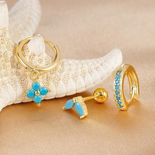 Small Gold Huggie Hoop Earrings Set for Women Turquoise Earrings 14K Gold Plated Cartilage Multiple Piercing Jewelry Hypoallergenic Sleeper thumbnail 3